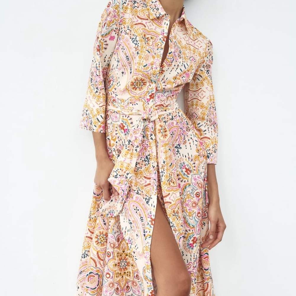 Zara Floral Print Button Down  Midi Dress - Multicolor, Small